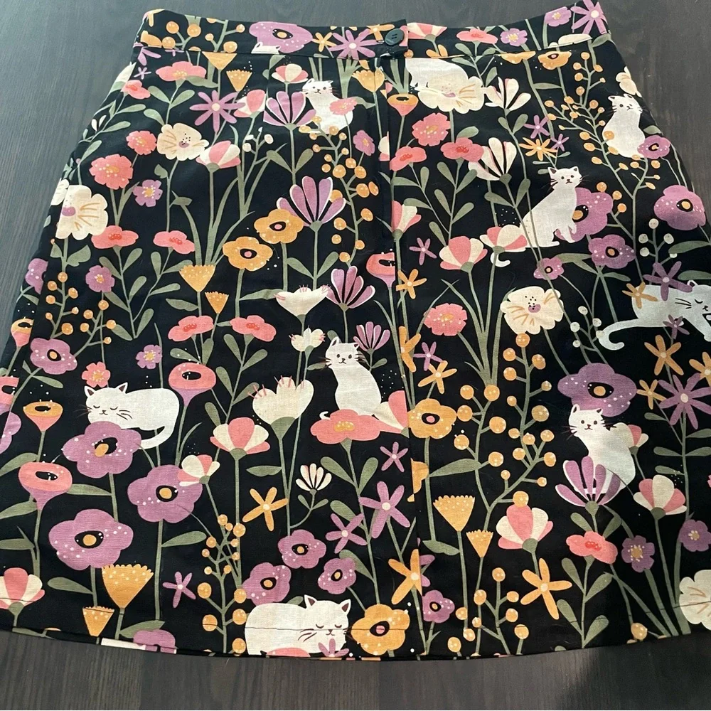 Modcloth Black Mini Skirt with Pink, Purple, Cream & Yellow Floral Cat Print - Picture 4 of 8